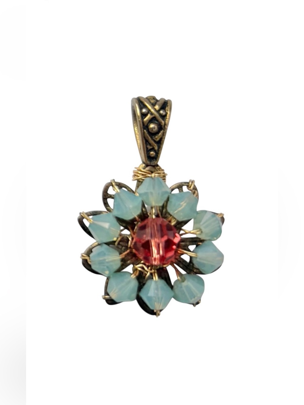 Vintage Artisan Floral Pendant Blue Opalescent Beads Red Crystal Gold Tone